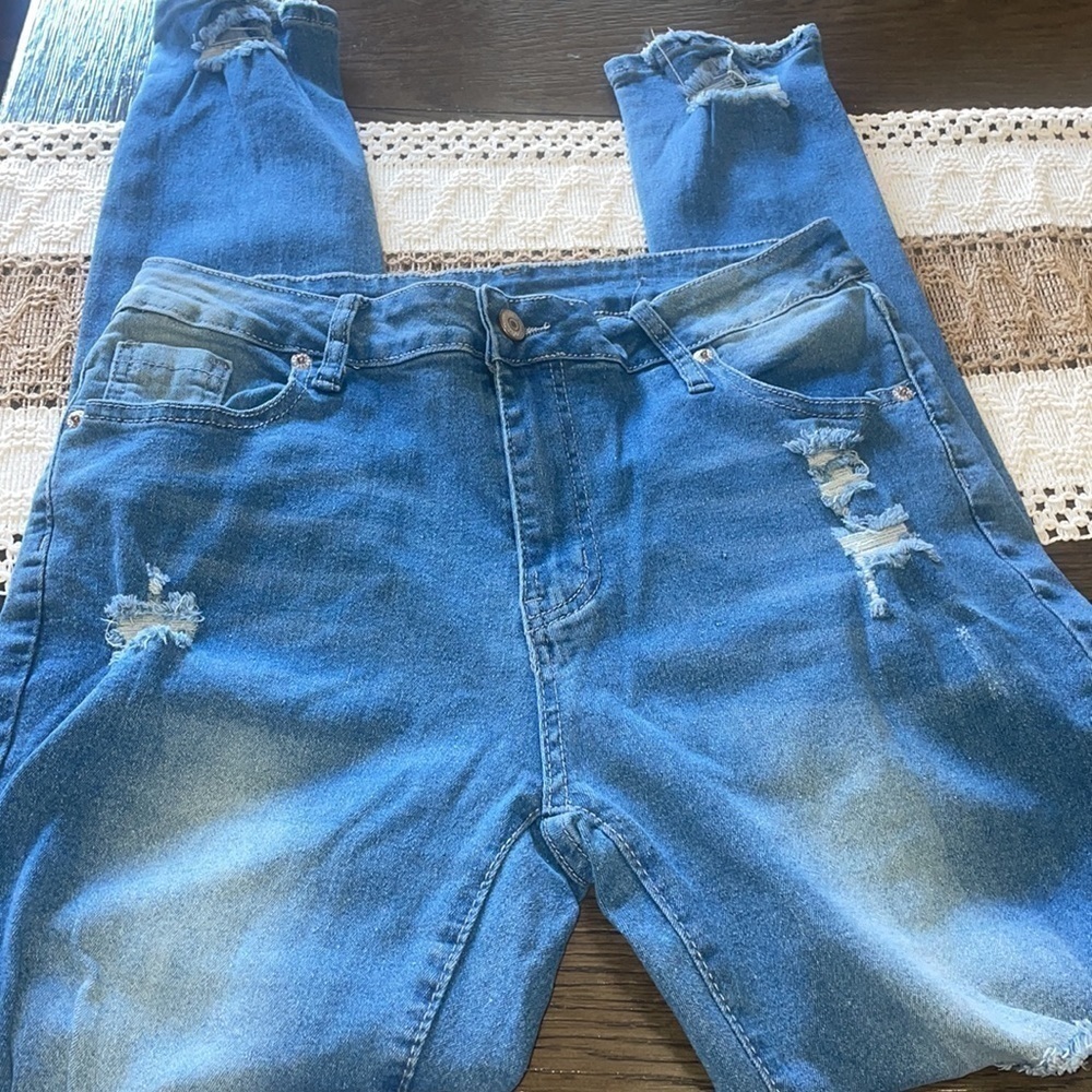 💕 Distressed Y2k Streetwear Skinny Jeans, Frayed Hem, High Waist, Stretchy NWOT - Picture 9 of 12